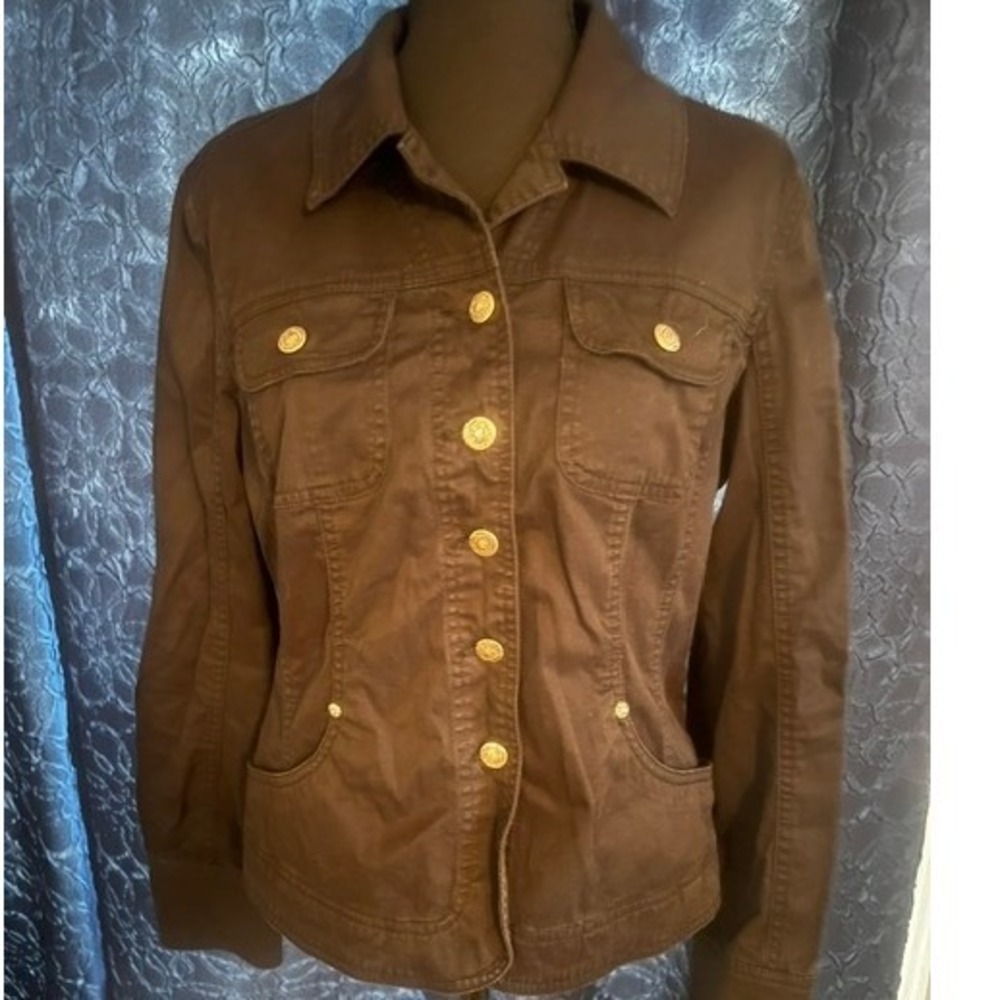A.M.I. Utility Jacket Women Large Black Gold Button Cotton Twill Military Chic